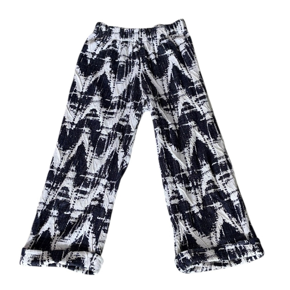 Seea Keiko Cream & Blue Zigzag Print Textured Cropped Cuffed Knit Pants - XS / S